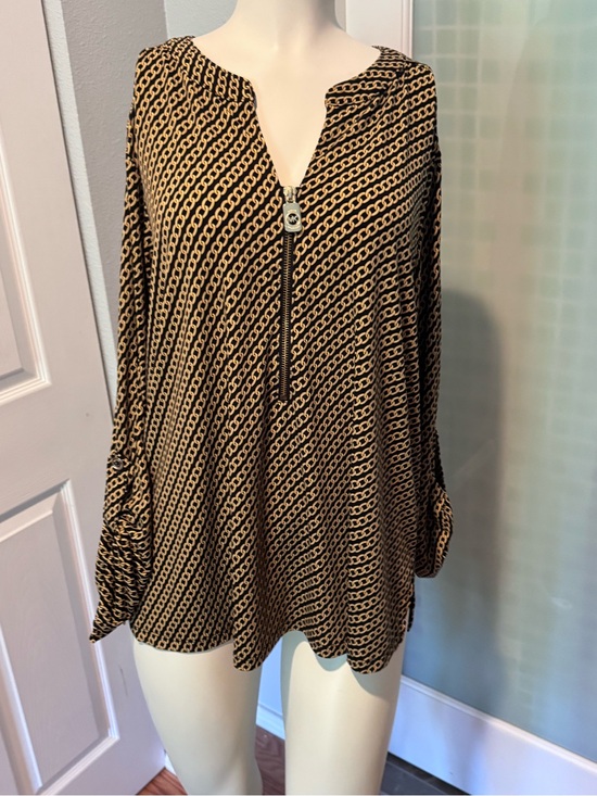 Michael Kors Tops - Michael Kors Black and Tan Chain-Print Zip Front Blouse